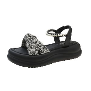 [Free Shipping] Trendy Chinese-Style Platform Sandals For Women New Summer Collection Featuring Pearl Embellishments Elastic Straps And A Bow Design Perfect For The Beach