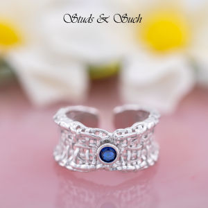 [Studs & Such] 925 Silver Hollow Weave Net Adjustable Ring With Blue Cubic Zirconia