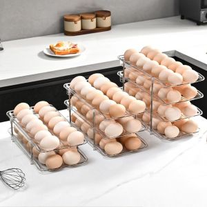 GAOSU โปร่งใส ภาชนะใส่ไข่กลิ้งอัตโนมัติ พลาสติก ความจุขนาดใหญ่ กล่องเก็บไข่ในตู้เย็น ใช้งานได้จริง วางซ้อนกันได้ ตู้แช่ไข่สำหรับตู้เย็น สำหรับบ้าน