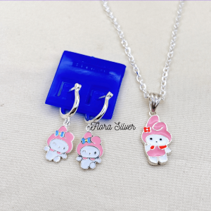 FLORA 0202M - Set bạc dây chuyền bông tai hình thỏ My Melody màu hồng đỏ dành cho bé gái