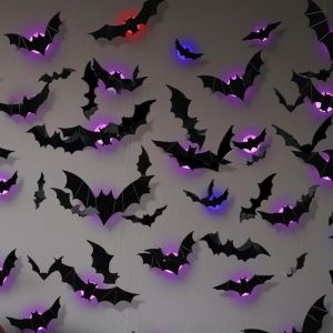 MEMGOUO Removable 3D Bat LED Decoration Glow Effect Glow in the Dark LED Lighted Bat Stickers Creative Spider Atmosphere Lighted Halloween Bats Decor for Home Decor
