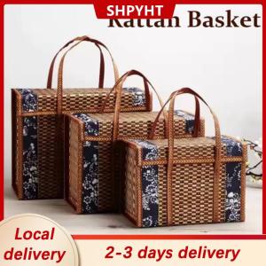 [COD] SHPYHT Local delivery Ship within 24 hours Folding Bamboo Woven Fruit Basket Handheld Handle Fruit Shopping Food Basket Picnic Food Storage Basket For Outdoor