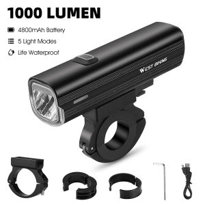 WEST BIKING 1000 Lumens Bike Headlight Waterproof Type-C Rechargeable Bicycle Light Aluminum Alloy MTB Front Light 4800 mAh Bicycle Flashlight