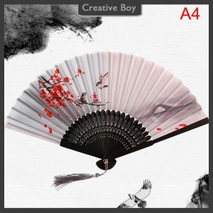 [Creative] Chinese Silk Folding Fan Wooden Shank Classical Dance Fan Home Decoration