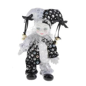 Antique trắng gốm hề búp bê với mắt thủy tinh và lấp lánh trang phục cho kệ kệ trưng bày để bàn trang trí văn phòng gia đình