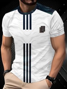 Mens Fashion 3D Print T-Shirt Striped Summer Short Sleeve Tee Crew Neck Soft Texture Casual Outdoor Sport Oversized Men T-Shirt