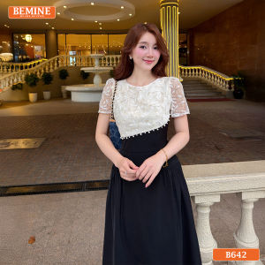 Đầm thiết kế BEMINE cổ tròn phối ren hoa dáng chữ A phù hợp đi làm-B642