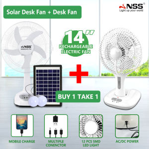 [BUY 1 FREE 1] NSS 12 / 14 inch Solar Stand Fan  Multifunction Rechargeable Electric Fan With Phone Charger Led Night Light  Solar Panel