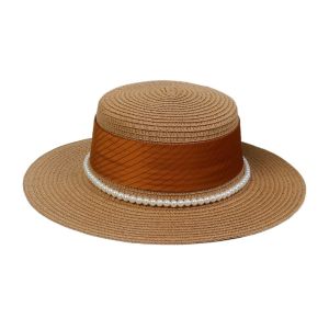 SIQIN Pearl Chain Wide Brim Straw Hat UV Protection Straw Weaving Weave Bucket Hat Stylish Lightweight Flat Sun Cap Beach