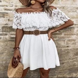 G7wish Aliexpress ebay Summer European and American Womens Fashion Water-Soluble Lace Trim Off-Shoulder Waist-Cinching Dress 7/7