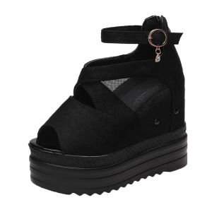 Fish Mouth Womans Wedges Sandals Cross Loop Pumps Heels Shoes Light Open Toes 12cm Elevators Shoes (Size SMALL ONE)