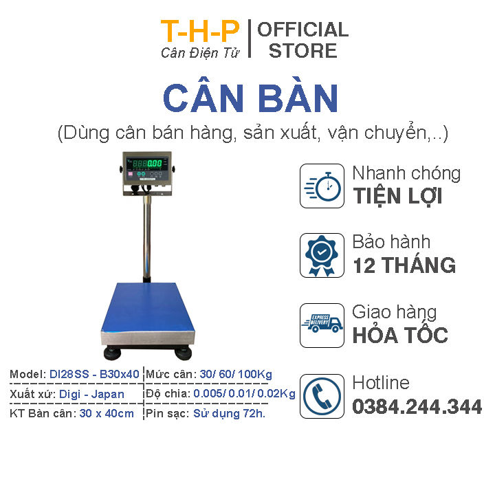 Cân bàn điện tử DI28SS 30kg/ 60kg/ 100kg, KT bàn 30x40cm, Đầu chỉ thị ...