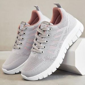 Korean Fly Woven Leisure Running Shoes For Women Lace Up Comfortable Sports Rubber Shoes Lightweight Jogger Sneakers