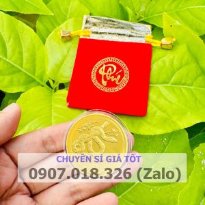 [SALE TẾT 2025]  Đồng xu con Rắn vàng bằng kim loại  mặt sau chữ Lộc - tặng kèm túi gấm đỏ chữ LỘC  Siêu Rẻ