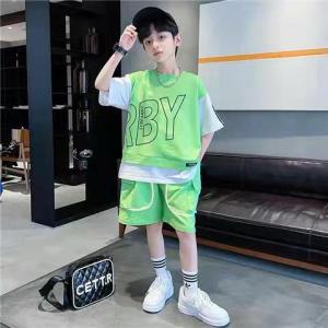 LS Show Boys T-shirt Summer Letter Print Solid Color Sports Set Summer Short Sleeved Two-piece Set for Older Children Korean Version Handsome