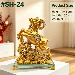 Golden Goat Figurine Glass Base Wealth Lucky Statue Home Office Table Decor New Year Gift Ornament