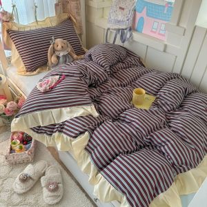 Dansunreve 3in1/4in1 Flat Sheet Single/Queen/King Fitted Bedsheet Ruffle Lace Stripe/Plaid Quilt Cover Sets Student Dormitory Bedding Sets