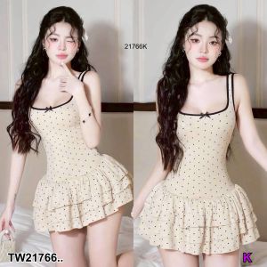 TW21766 เดรสสั้นลายจุด สายเดี่ยว กระโปรงบานสามชั้น ..
