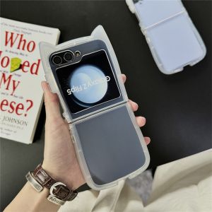 Cute Cartoon Cat Ear Transparent Case for Samsung Galaxy Z Flip 6 5 4 3 flip6 Soft Silicone Shockproof Ins Korean Slim Cover