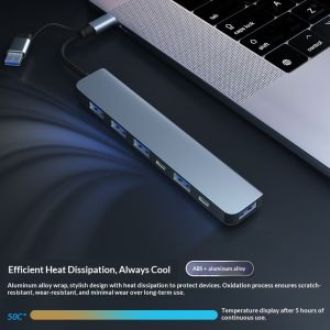 JJT 8-in-1 Dual-Head High-Speed USB-C Hub with Efficient Cooling and Multiple Ports for Laptop Expansion