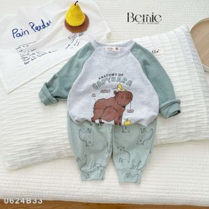 Set bộ tay dài raplang cotton da cá họa tiết hoạt hình cho bé trai size 1 đến 7 tuổi BERNIE 0624B33