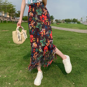 2025 Spring/Summer Printed New Miyake Folded Slimming Floral Womens Half length Skirt with Hip Wrapping Elastic Waist and Tassel Skirt for Women