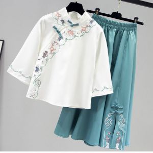 Váy Liền Cỡ To Phong Cách Trung Quốc Phiên Bản Cải Tiến Sườn Xám Hán Phục Bộ Trang Phục Nữ Phong Cách Trung Hoa Bộ Hai Chiếc