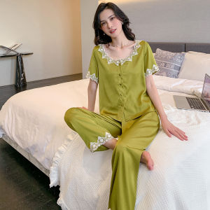 Ice Silk Pajamas Womens Summer Short Sleeve plus Size Spring High-Grade Lace Pure Desire Wind Thin Trousers Suit Can Be Worn outside Wholesale ㏇L0514