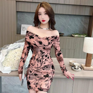 Dazzlin  ใหม่เซ็กซี่ตาข่ายพิมพ์เปิดไหล่เอวสูงใส่แล้วดูผอมแขนยาว bottoming ชุดเดรสสะโพก