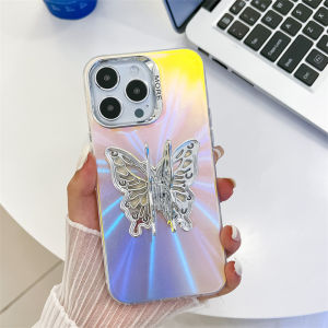 KISSCASE Laser Aurora Butterfly Bracket Stand Phone Case For iPhone 15 14 13 Pro Max Plating Gradient Matte Silicone Anti-fall Shockproof Back Cover For iPhone 15 14 13