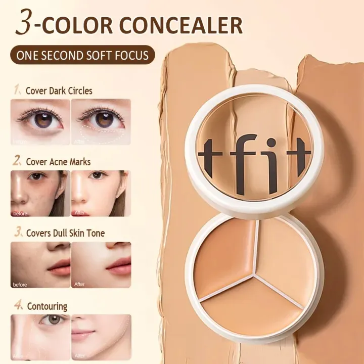 TFIT 3-Color Concealer TFIT Concealer Foundation Korea Concealer Cream TFIT Concealer All Skin Tones Makeup Waterproof Sweatproof Concealer Natural Fit Primer Base Cream TFIT Concealer Cover Spots Acne Prints Dark Circles Tear Grooves Brighten