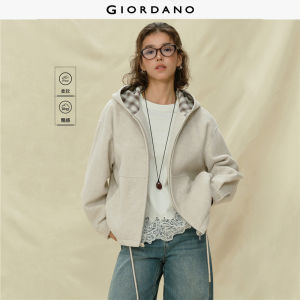 Giordano Women Woolen plaid lined hooded jacket Free Shipping 18375213