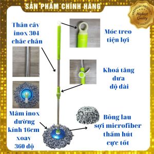 Cây lau nhà tự vắt xoay 360 độ mâm inox cây lau nhà thông minh mâm tròn đường kính 16cm loại tốt thân cây và mâm inox bông lau sợi microfiber siêu sạch