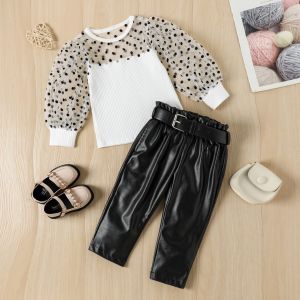 SSP48 - FREE BELT Setelan Set Anak Perempuan Kaos Rajut + Celana Kulit Hitam