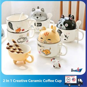 BEST4U Cute Cat Puppy Ceramic Coffee Cup Office Mug With Spoon Lid Cute Cat Puppy Ceramic Mug Tea Cup Cawan Kucing Comel