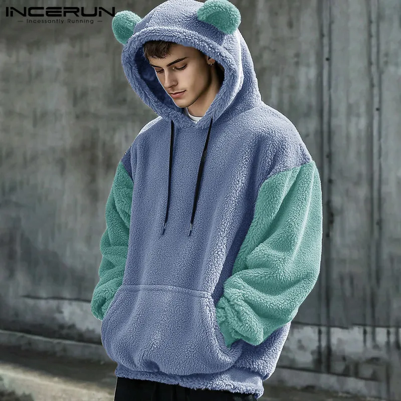 INCERUN Men's Autumn Winter New Polar Fleece Bear Ears Hoodies Sweatshirts  Contrast Splicing Hooded (Western Style) #241030