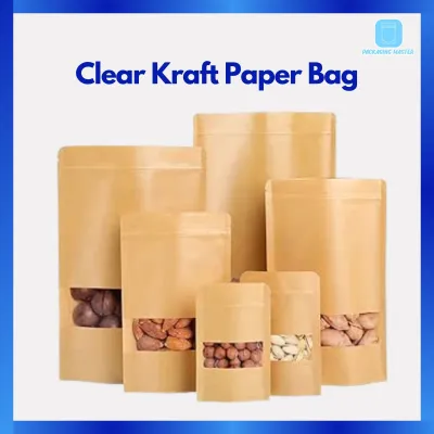 50pcs Clear Kraft Paper Zip bag with clear window / Kraft Paper Stand pouch / Doorgift bag / Goodie Bag