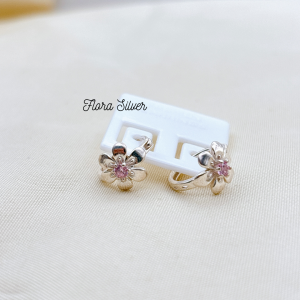 FLORA 0628B - Bông tai bạc ta hình hoa sáu cánh màu đỏ hồng dành cho bé gái