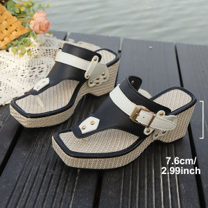 Wedge-Heeled Thick-Soled Straw Sandals Wedge-Heeled Floral Flip-Flops Bohemian Style Cool Wedge-Heeled Thick-Soled Shoes