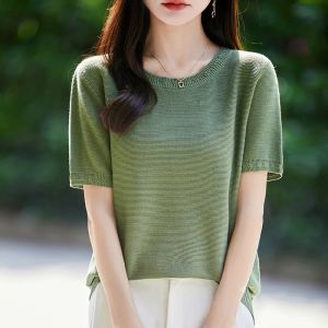 Summer 100% Pure Cotton Womens Short Sleeved Casual Solid Color T-Shirt Round Neck Tees Loose Pullover Tops Knit Blouse Basic2026