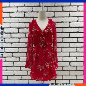 CFBOUTIQUE Euro Inspired Style Woman Summer Floral Printed Chiffon Overlap Ruffle Dress