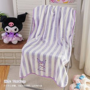 Sanrio Cute Cartoon Striped Bath Towel Kuromi Cinnamoroll My Melody Coral Plush Quick Drying Soft Large Bath Towel