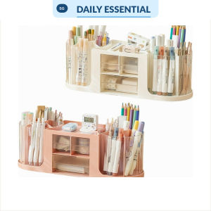 【DAILY ESSENTIAL】 2-in-1 Desk Storage Drawer Box | Dual 360° Rotating Pen Holder Organizer | Desk Stationery Organizer