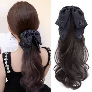 SUTONGXUE Xoăn Đuôi ngựa vuốt lượn sóng dài Nối tóc Kim cương giả Tóc đuôi ngựa Thanh lịch Giả Tóc giả đuôi ngựa nơ màu đen Nữ Cô Gái