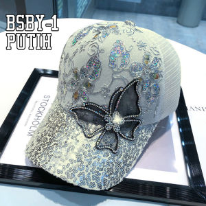Topi Wanita Baseball Korea Motif Manik Sequin Bunga Kupu-Kupu Fashion Casual Trucker Hat Import BSBY