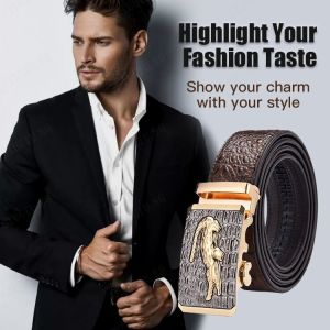 Geegofirst Crocodile Patterned Men's Leather Belt with Auto Lock Buckle for Jeans