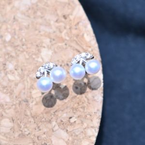 Cherry Design Pearl Stud Earrings with Zircon Leaves