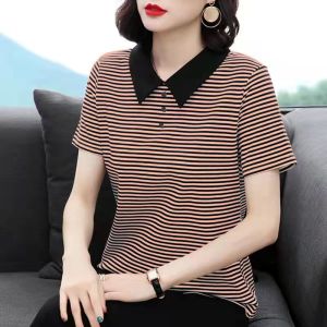 Free Shipping Fashion classic Korean Style New Ladies Short Sleeve tees shirts Women Stripe Polo Shirt Loose and Thin polo collar t-shirt blouse Plus Size shirt