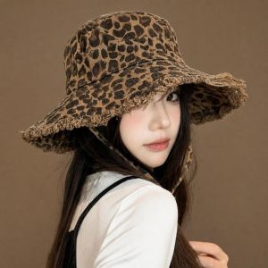 FLYING Vành mũ rộng Mũ cá sấu nữ Đã qua xử lý làm cũ Họa tiết da báo Mũ chống nắng Retro Gấp lại Mũ xô Hoạt động ngoài trời