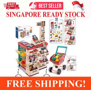 CHILDREN KIDS PLAY SUPERMARKET CASHIER COUNTER WITH TROLLEY SCANNER CASHIER SET SUPERMARKET SHOP GROCERY PRETEND CASH REGISTER COUNTER TOP SET FOR KIDS (48 PCS)
